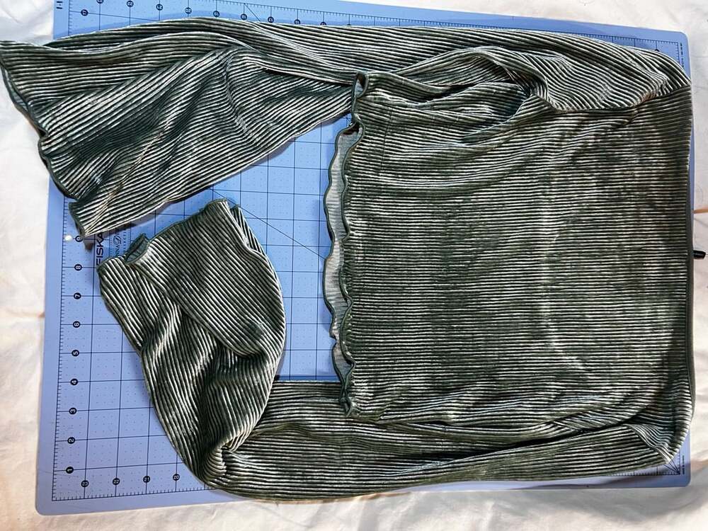 Sage Green Velvet Pleated Long Sleeve Crop Top with Bell Sleeves